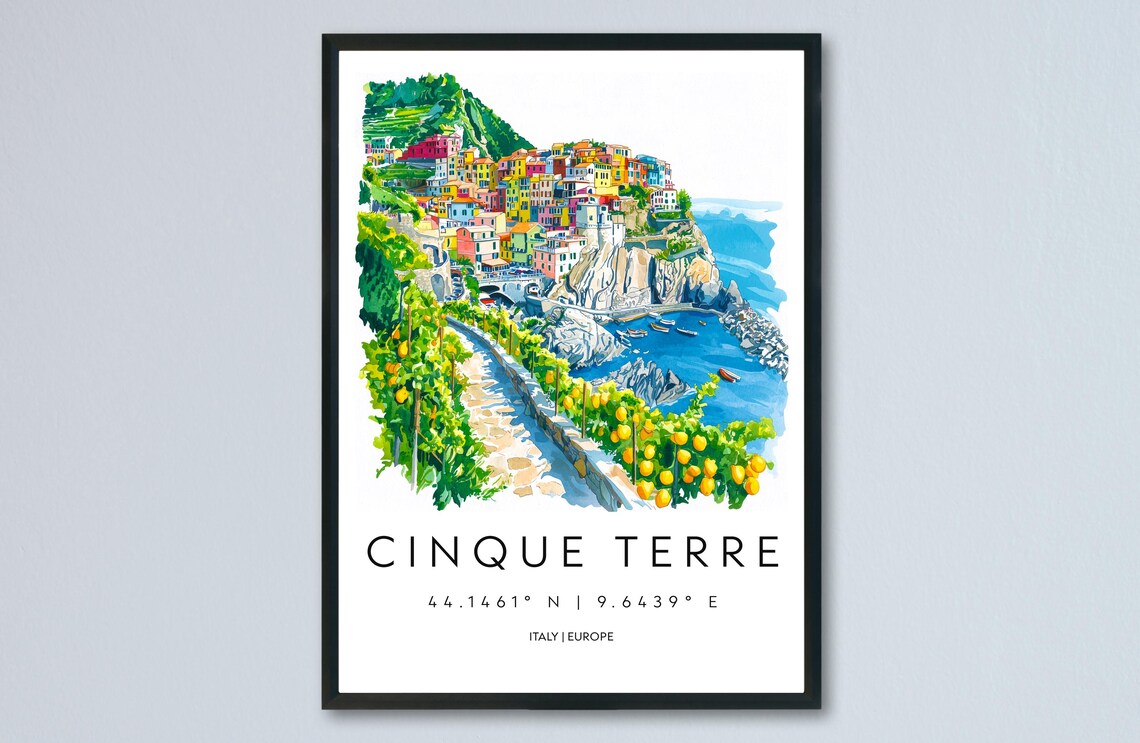 Cinque Terre Italy Colorful Cliffside Village Watercolor Travel Poster