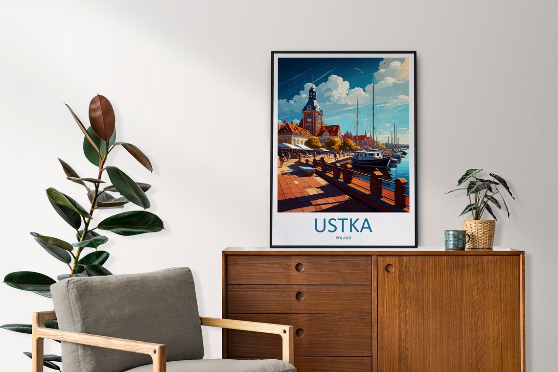 Ustka Poland Sunny Harbor Promenade Sailboats Retro Travel Poster - Image 2