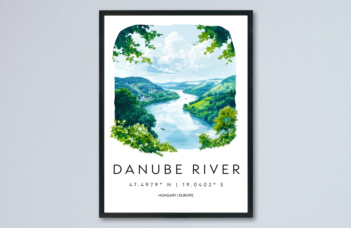 Danube River Hungary Watercolor Poster Green Hills Valley Landscape