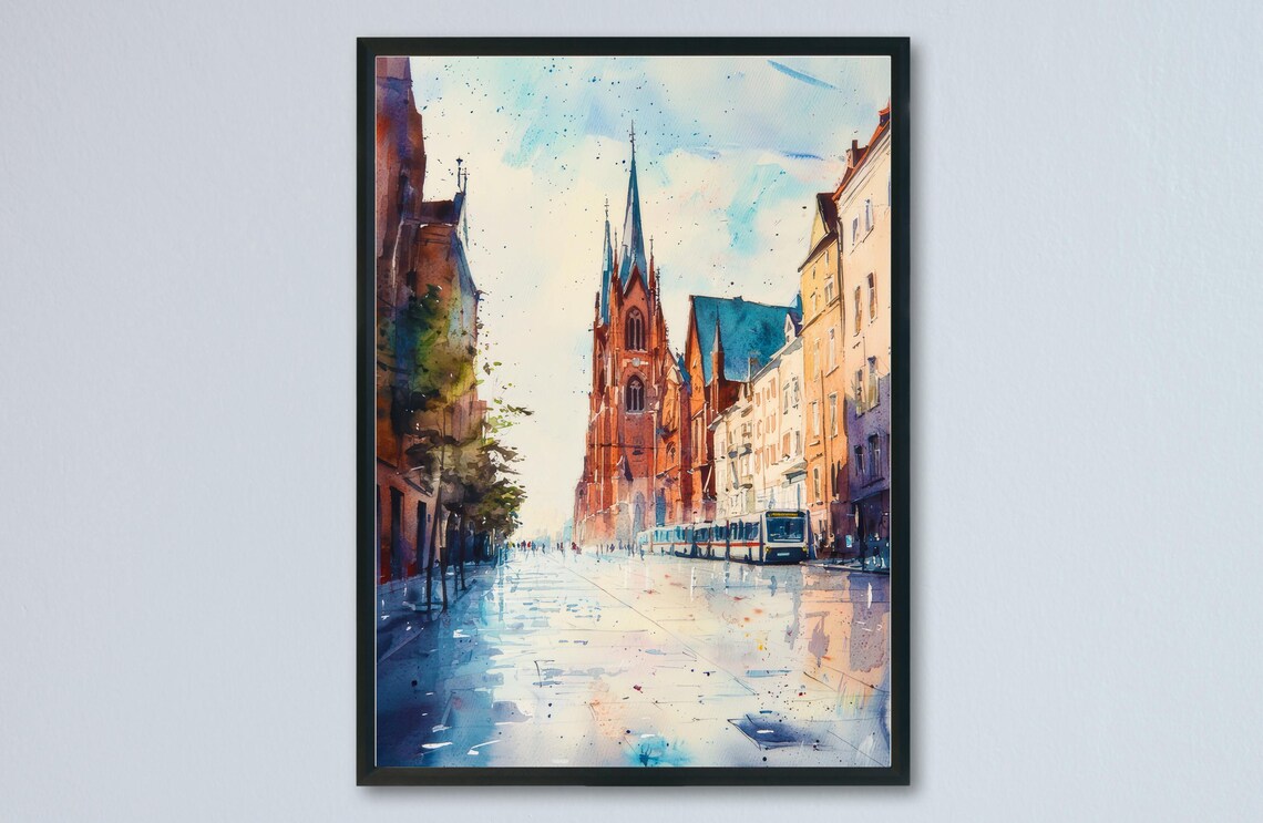 Osijek City Street Red Brick Church Sunny Day Watercolor Poster
