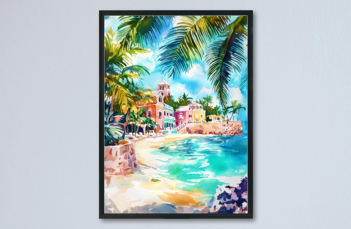 Tropical Island Seaside Town With Palm Trees and Blue Bay Poster