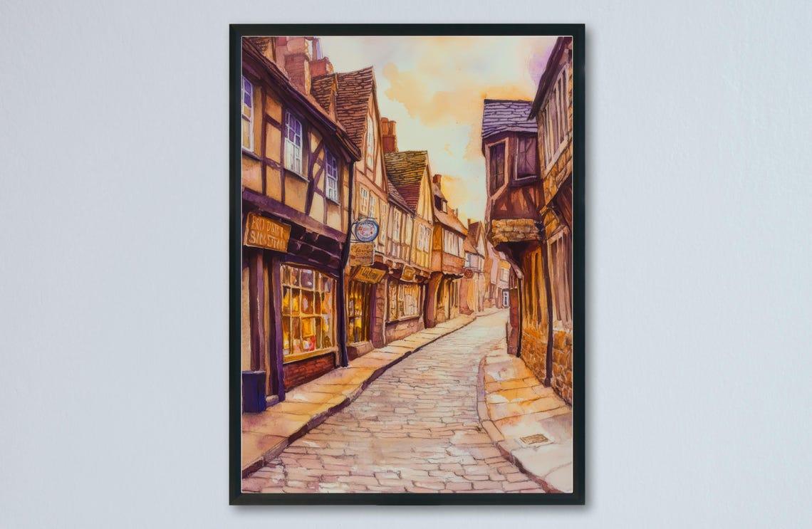 York Shambles Medieval Timbered Street Old Shops Watercolor Poster