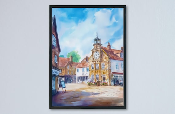 Thirsk Market Square Clock Tower Sunny Watercolor Town Poster