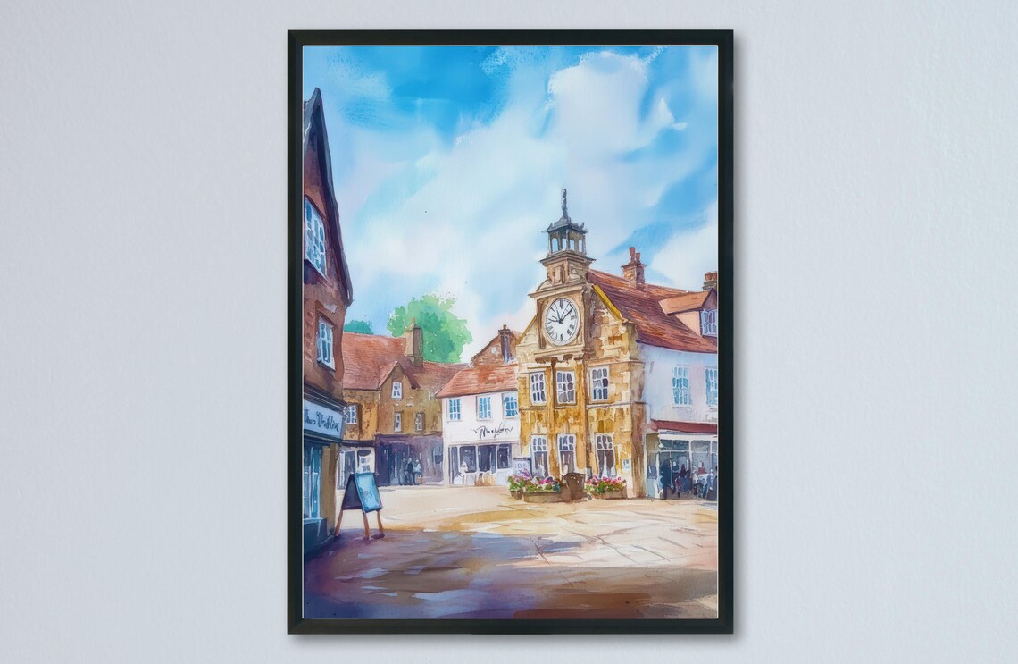Thirsk Market Square Clock Tower Sunny Watercolor Town Poster