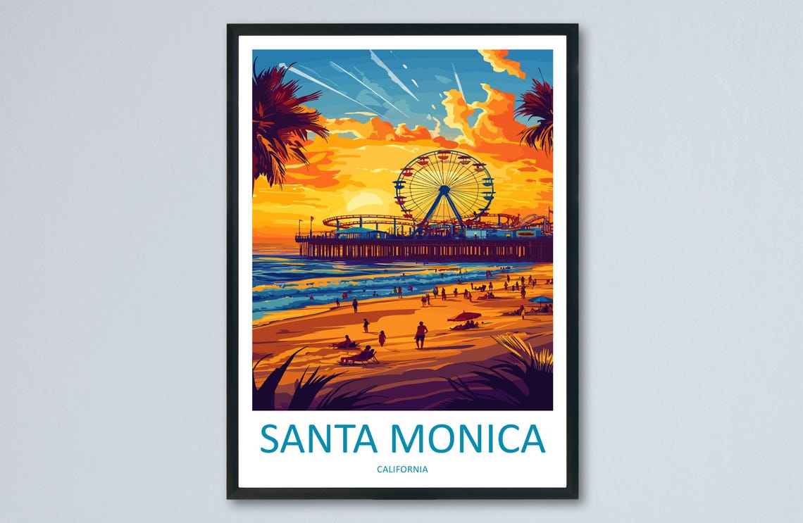 Santa Monica Travel Poster Wall Art Coastal City Print Beachfront Illustration Pier View Decor Gift Souvenir