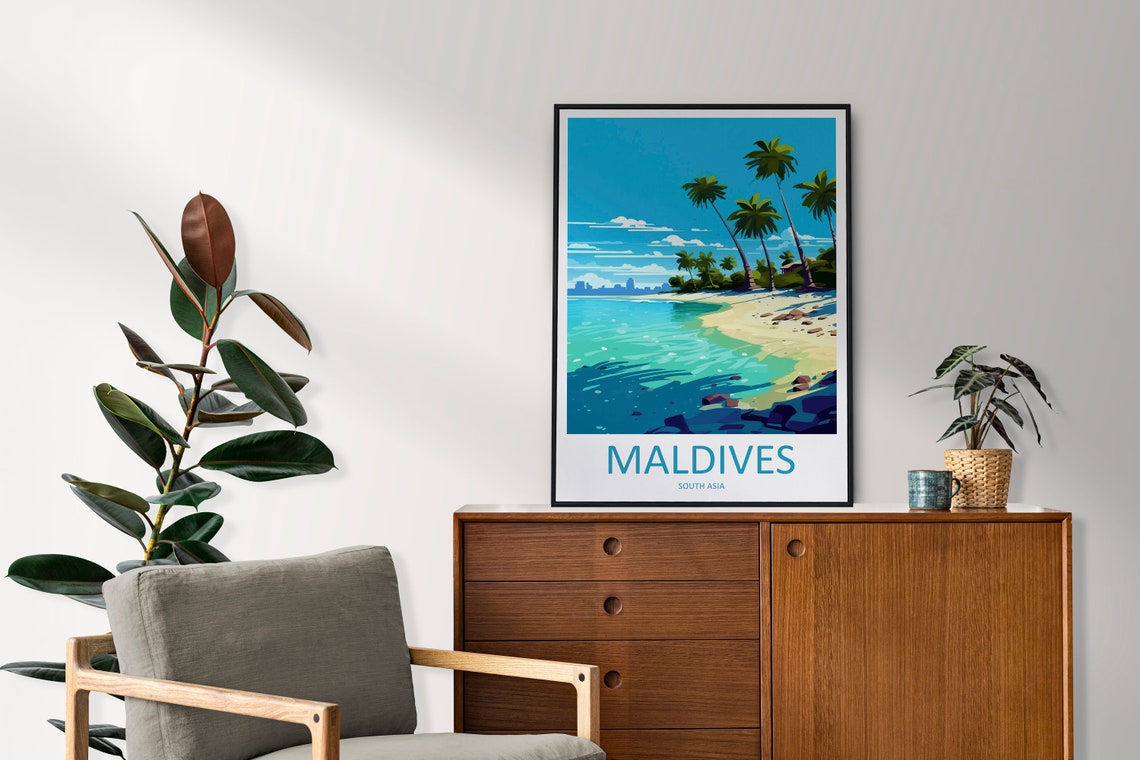 Maldives Tropical Beach With Palm Trees Illustrated Travel Poster - Image 2