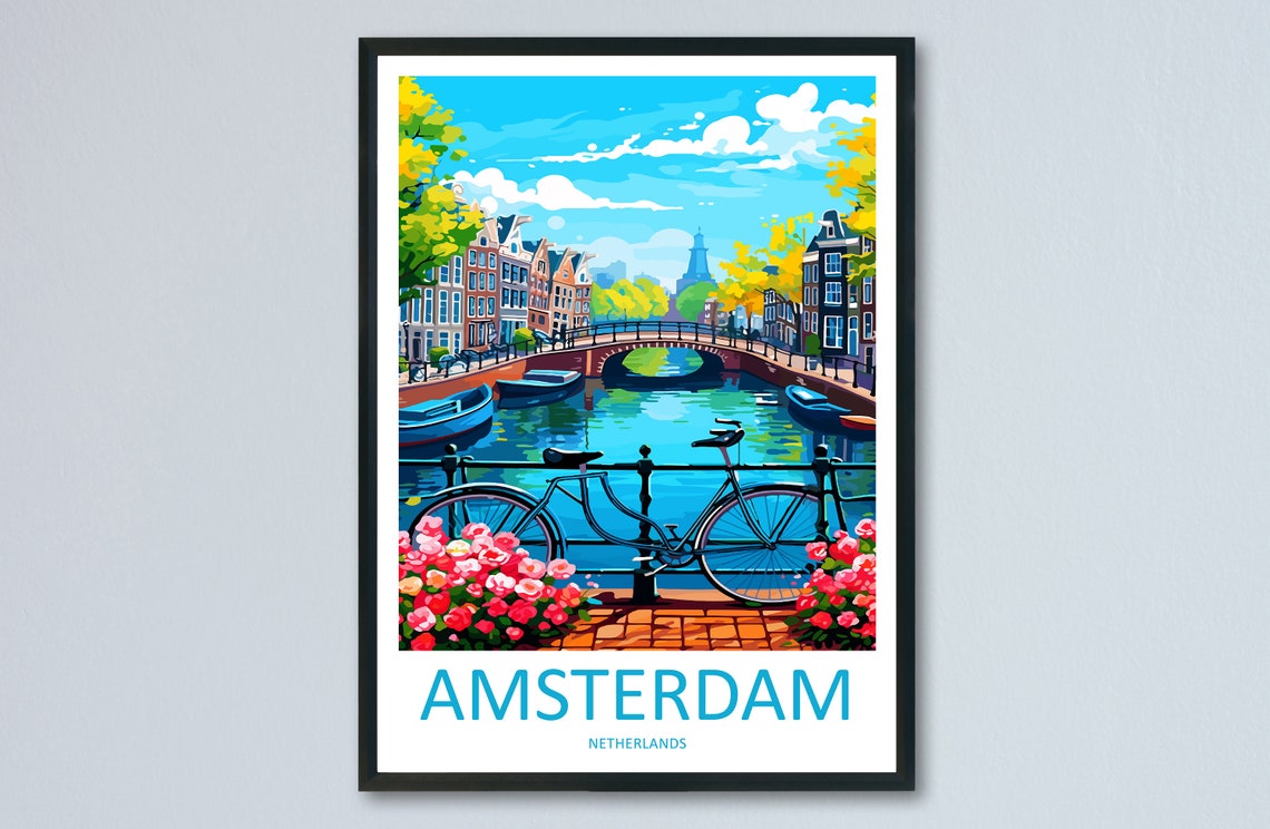 Amsterdam Netherlands Canal Bicycle Tulips Vintage Travel Poster Art