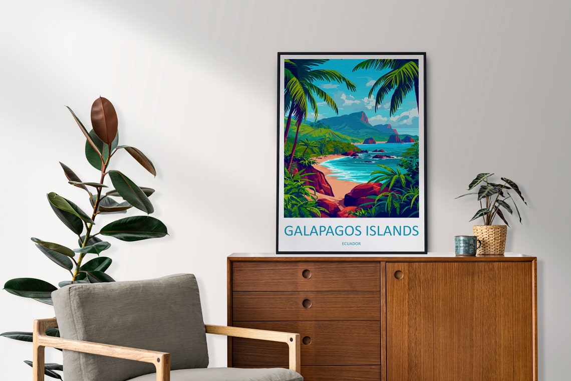 Galapagos Islands Ecuador Tropical Palm Cove Beach Travel Poster - Image 2