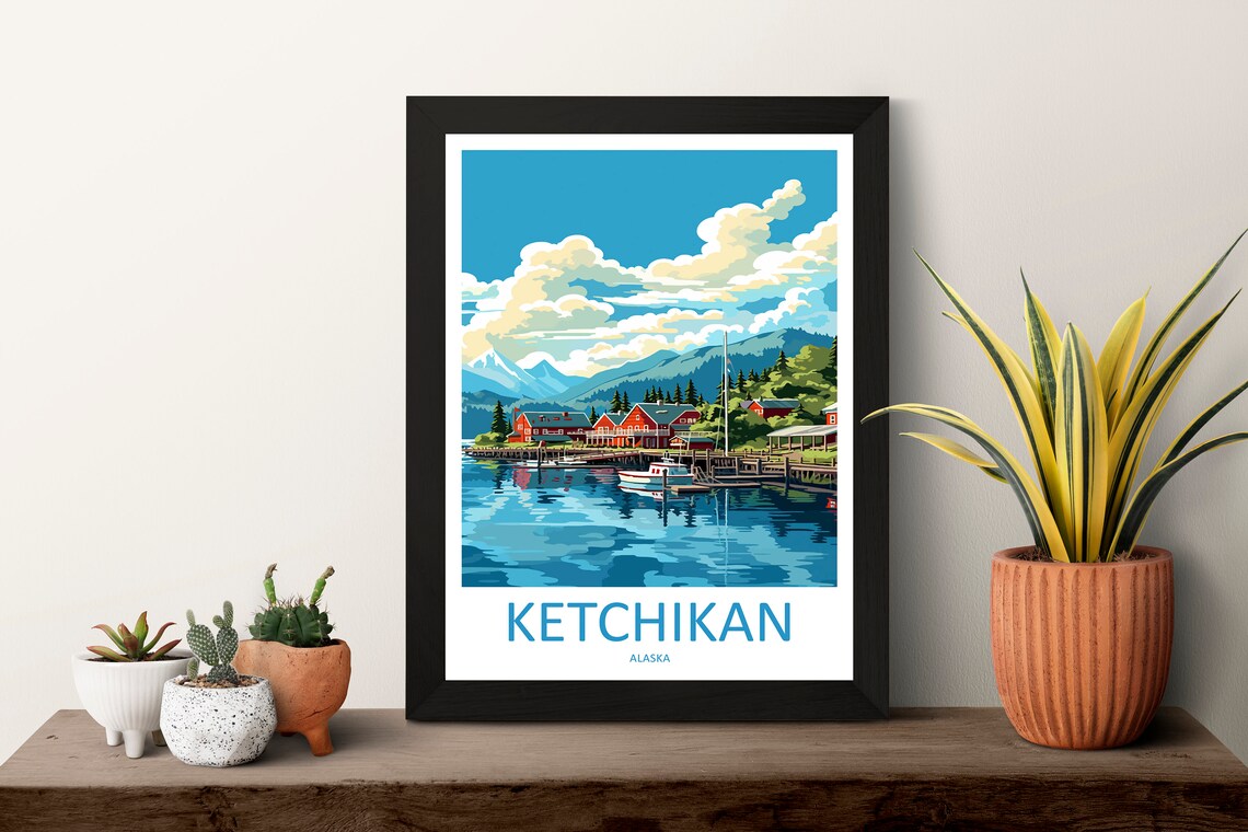 Ketchikan Alaska Fishing Harbor Boats Mountains Travel Poster - Image 3