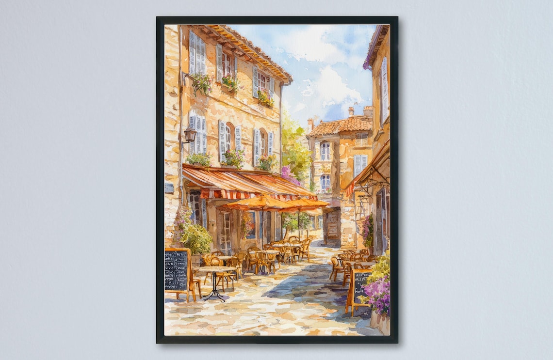 Aix en Provence France Stone Street Cafe Awning Watercolor Art Poster