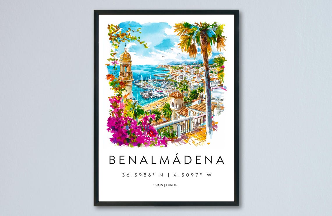 Benalmadena Watercolor Spain Marina Harbor Palm View Travel Poster