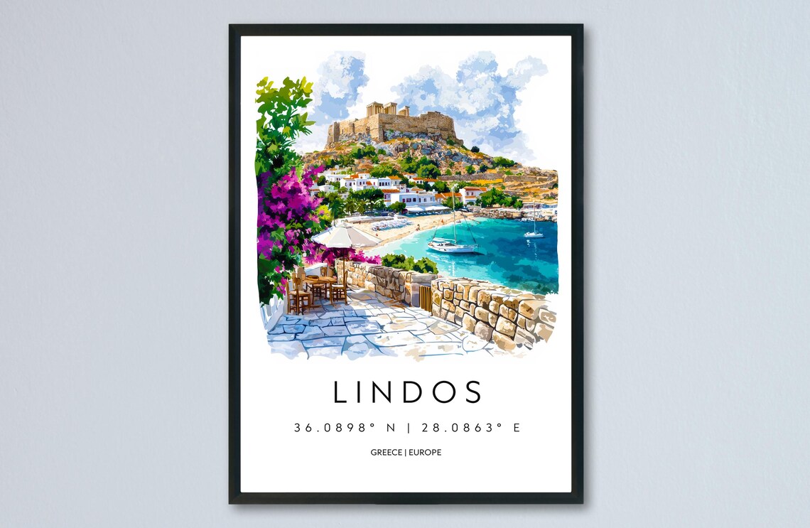 Lindos Rhodes Watercolor Acropolis Harbor Scene Travel Poster