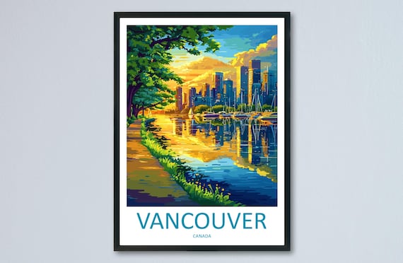 Vancouver Downtown Towers Marina Sailboats Golden Sky Canada Travel Poster