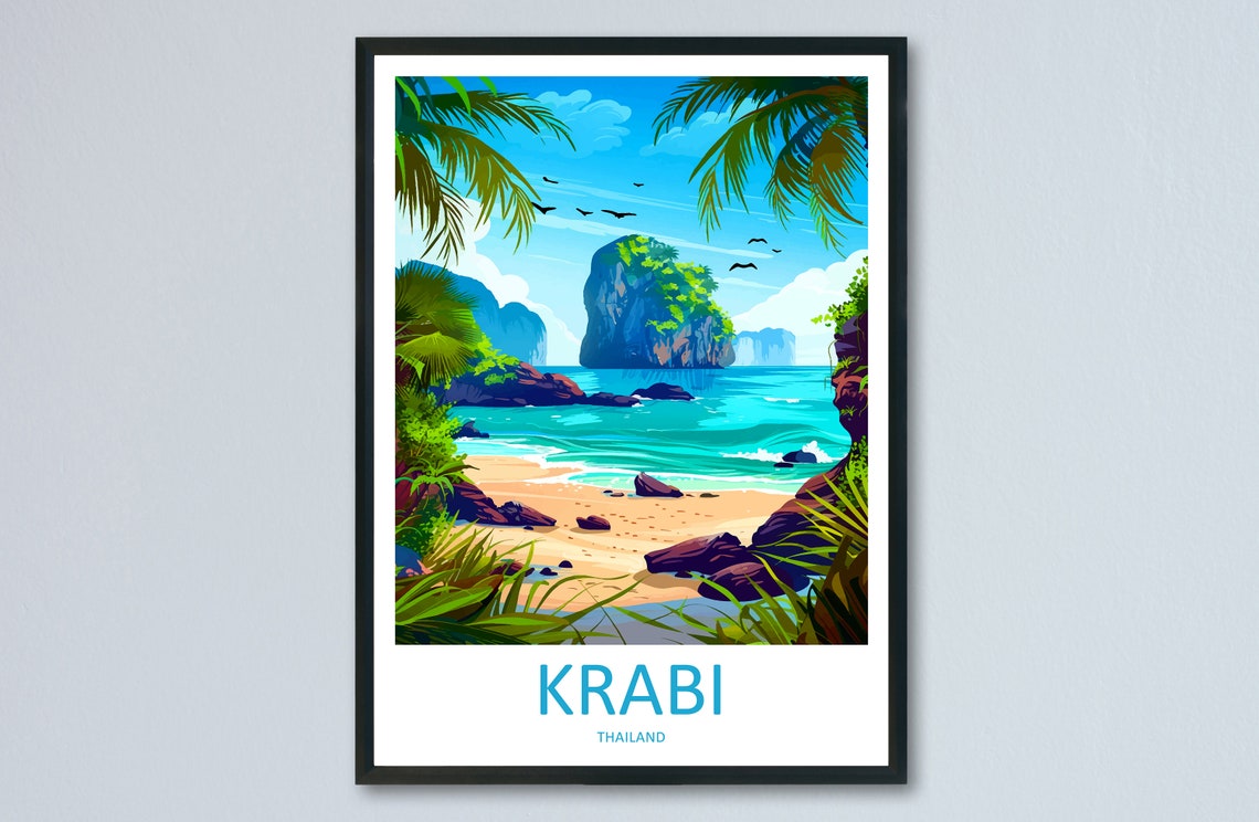 Krabi Thailand Tropical Beach Travel Poster Karst Rocks Palm Cove