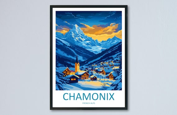 Chamonix French Alps Night Village Lights Church Travel Poster