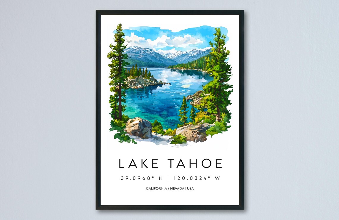 Lake Tahoe Blue Lake Pine Trees Watercolor Mountain Travel Poster