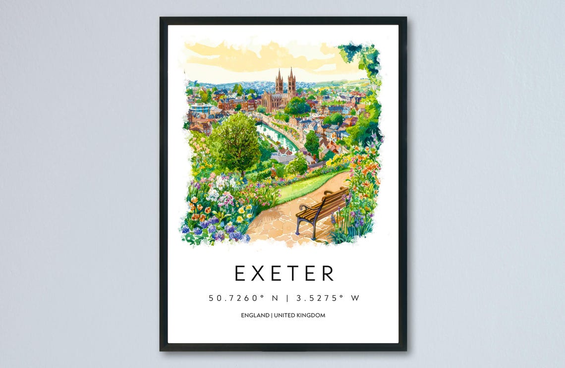 Exeter Cathedral River Park Flowers City View Watercolor Poster