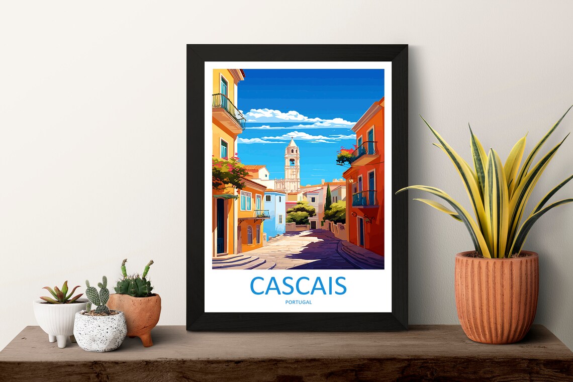 Cascais Portugal Old Town Street Balconies Church Travel Poster Art - Image 3