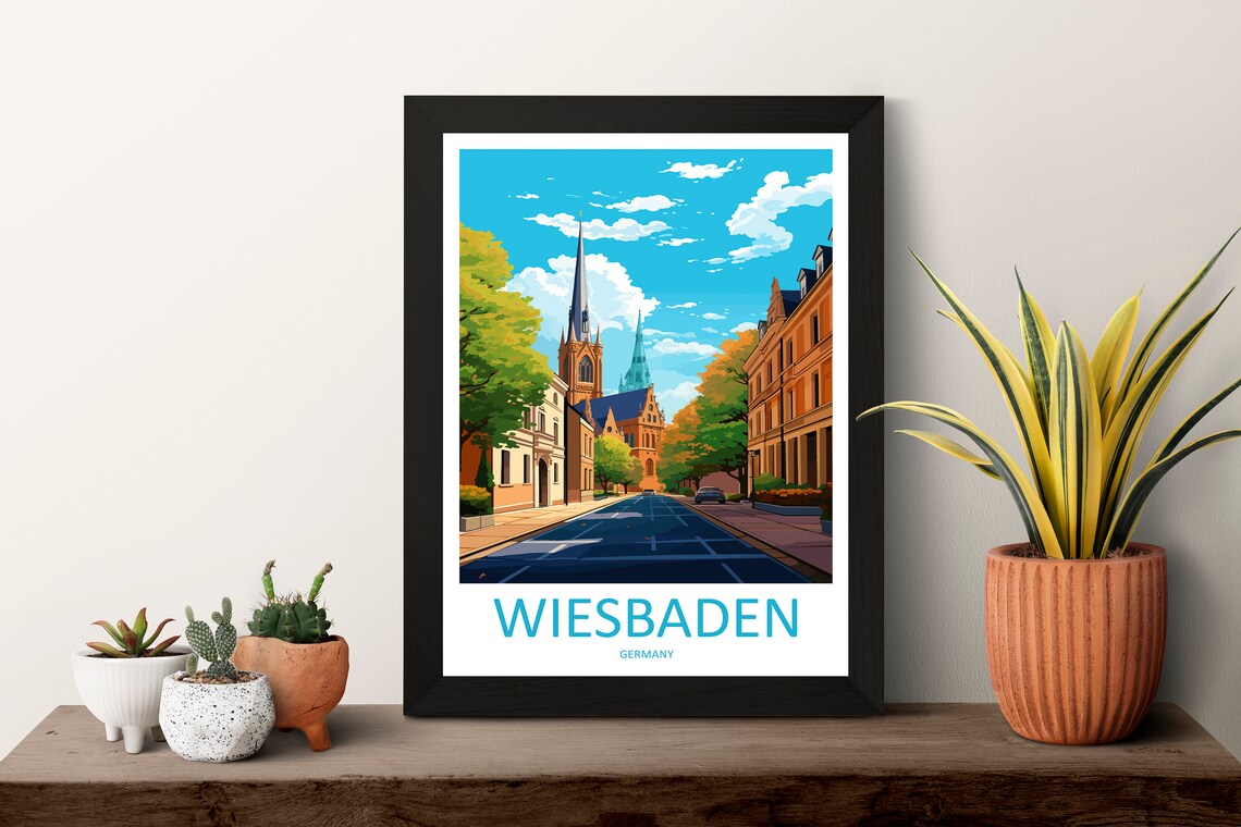 Wiesbaden Germany Tree Lined Church Street Blue Sky Day Poster - Image 3