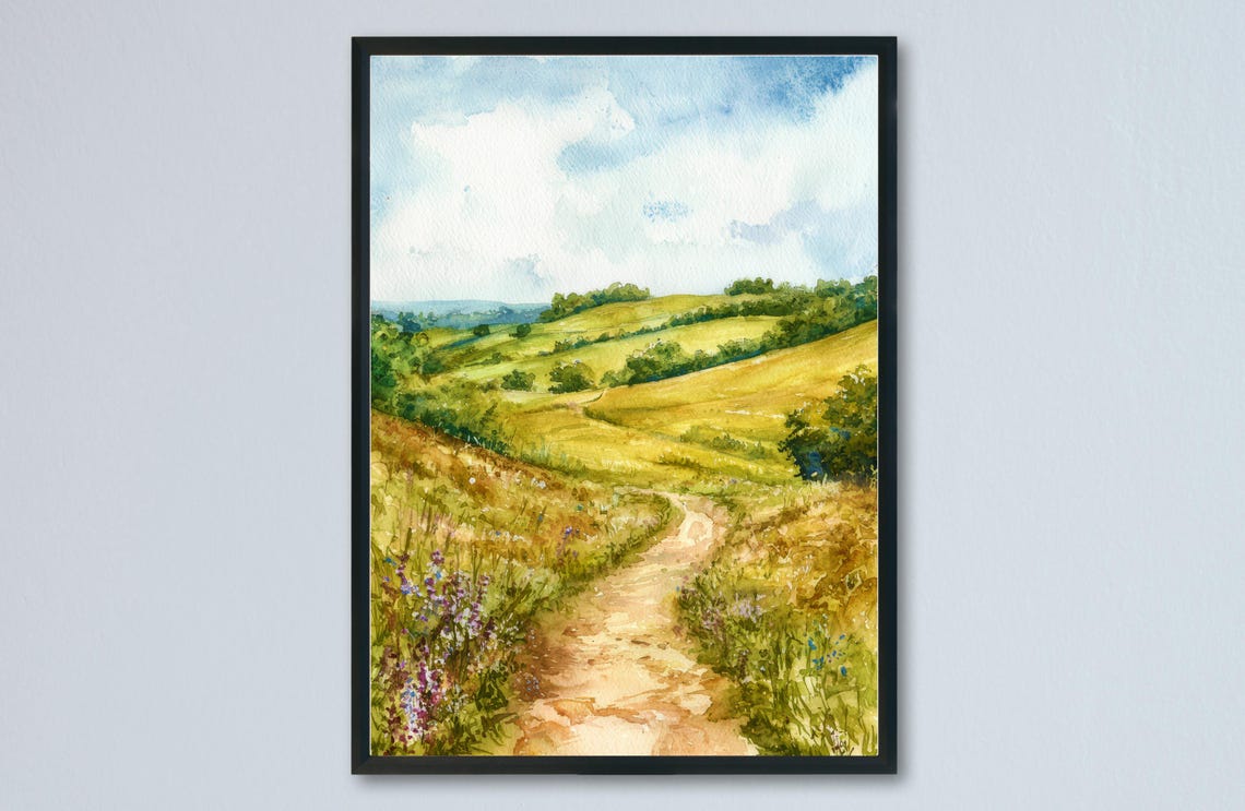 Surrey Hills Golden Rolling Countryside Path Watercolor Art Print