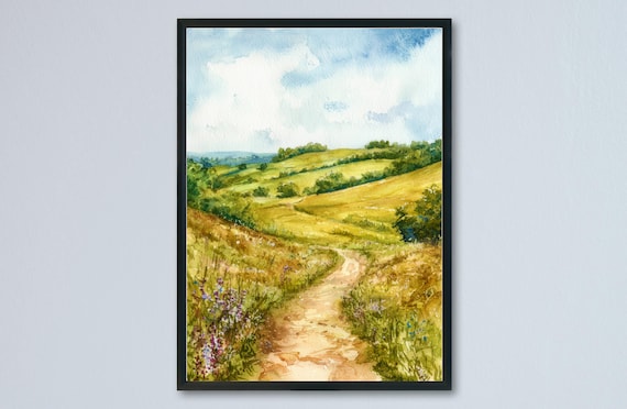 Surrey Hills Golden Rolling Countryside Path Watercolor Art Print