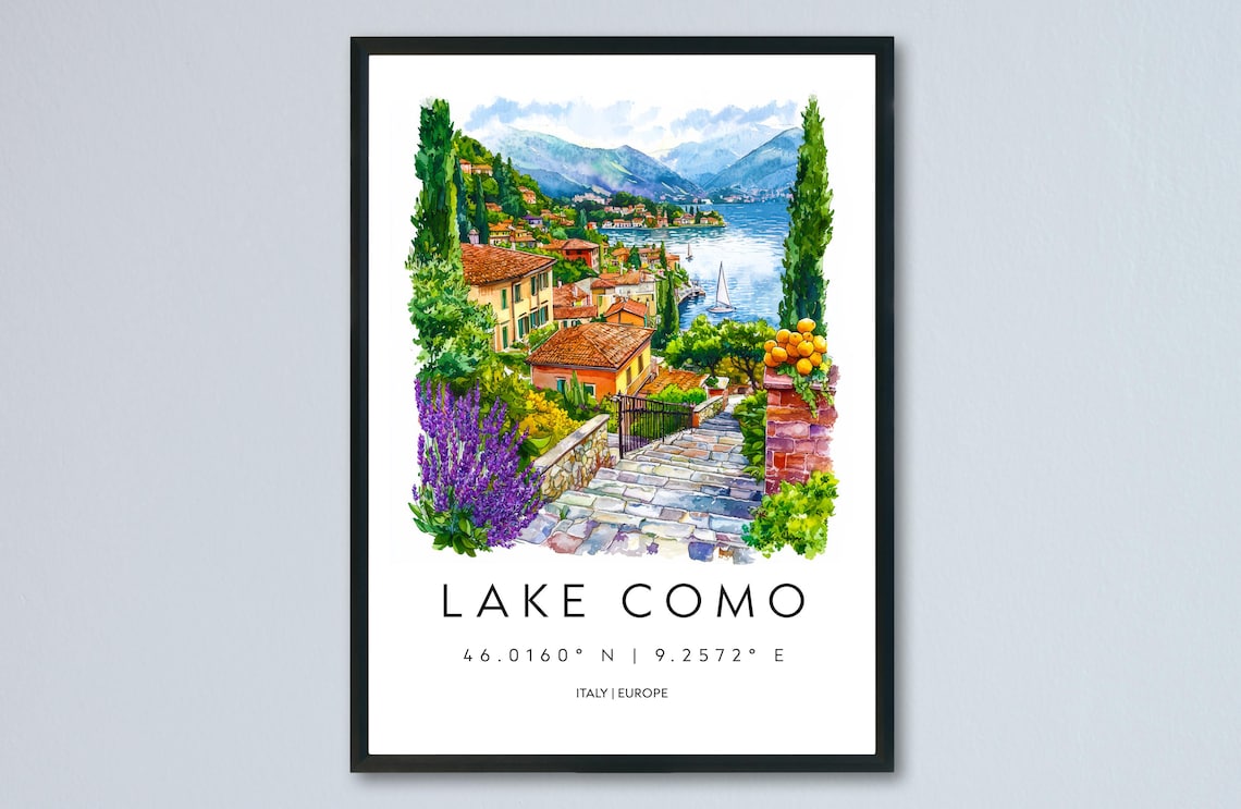 Lake Como Italy Watercolor Lakeside Village Terrace Hills Poster