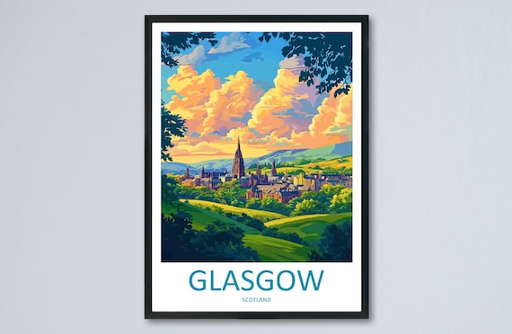 Glasgow Cathedral Green Hills Golden Sunset Scotland Travel Poster