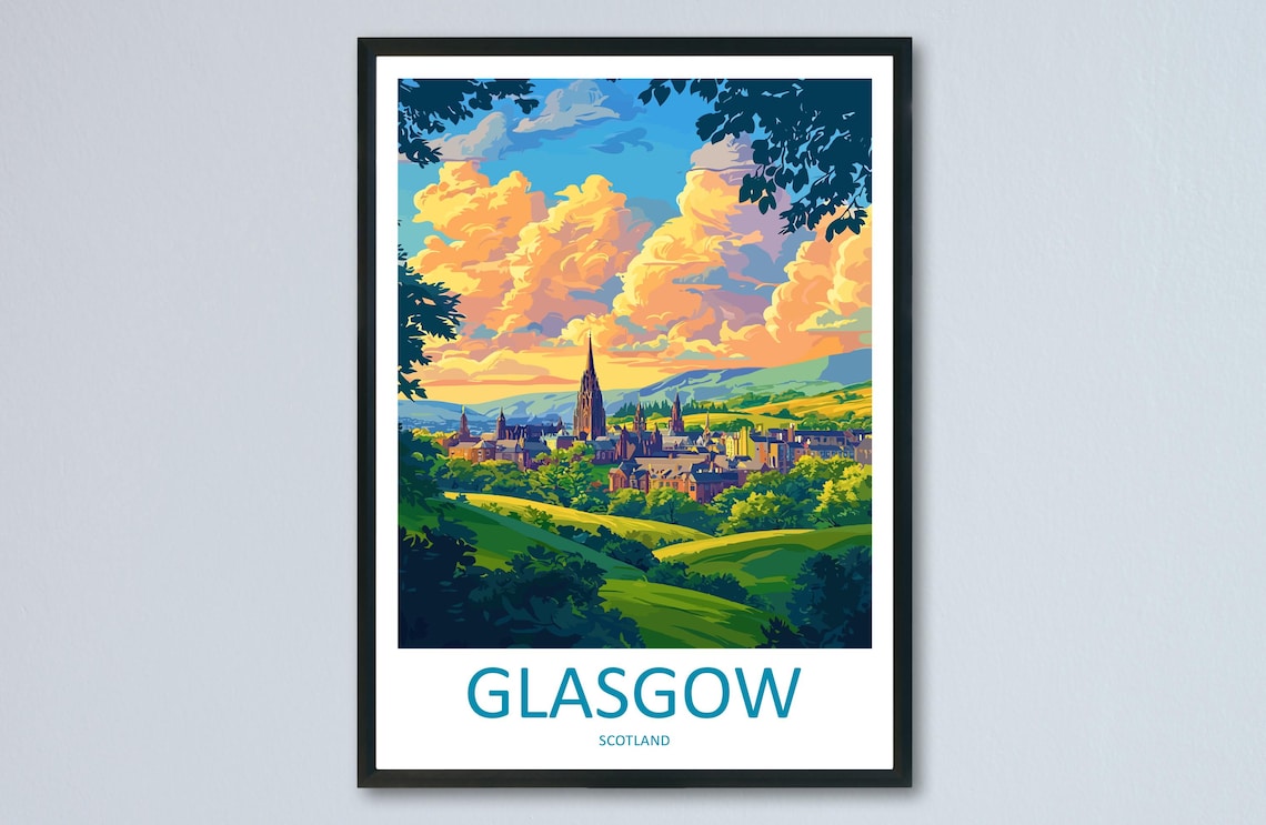 Glasgow Cathedral Green Hills Golden Sunset Scotland Travel Poster