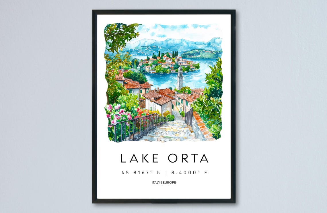 Lake Orta Watercolor Italy Lakeside Village View Travel Poster