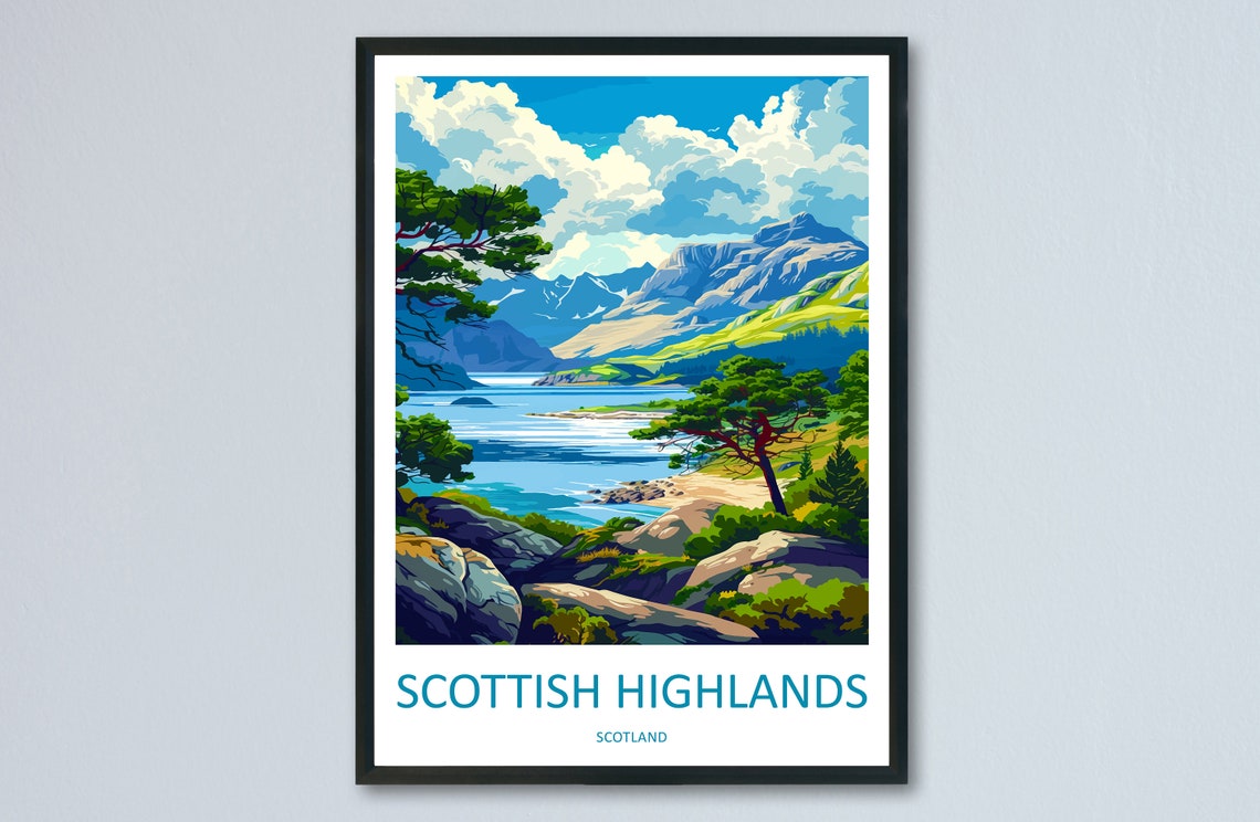 Scottish Highlands Loch And Mountain Landscape Travel Poster