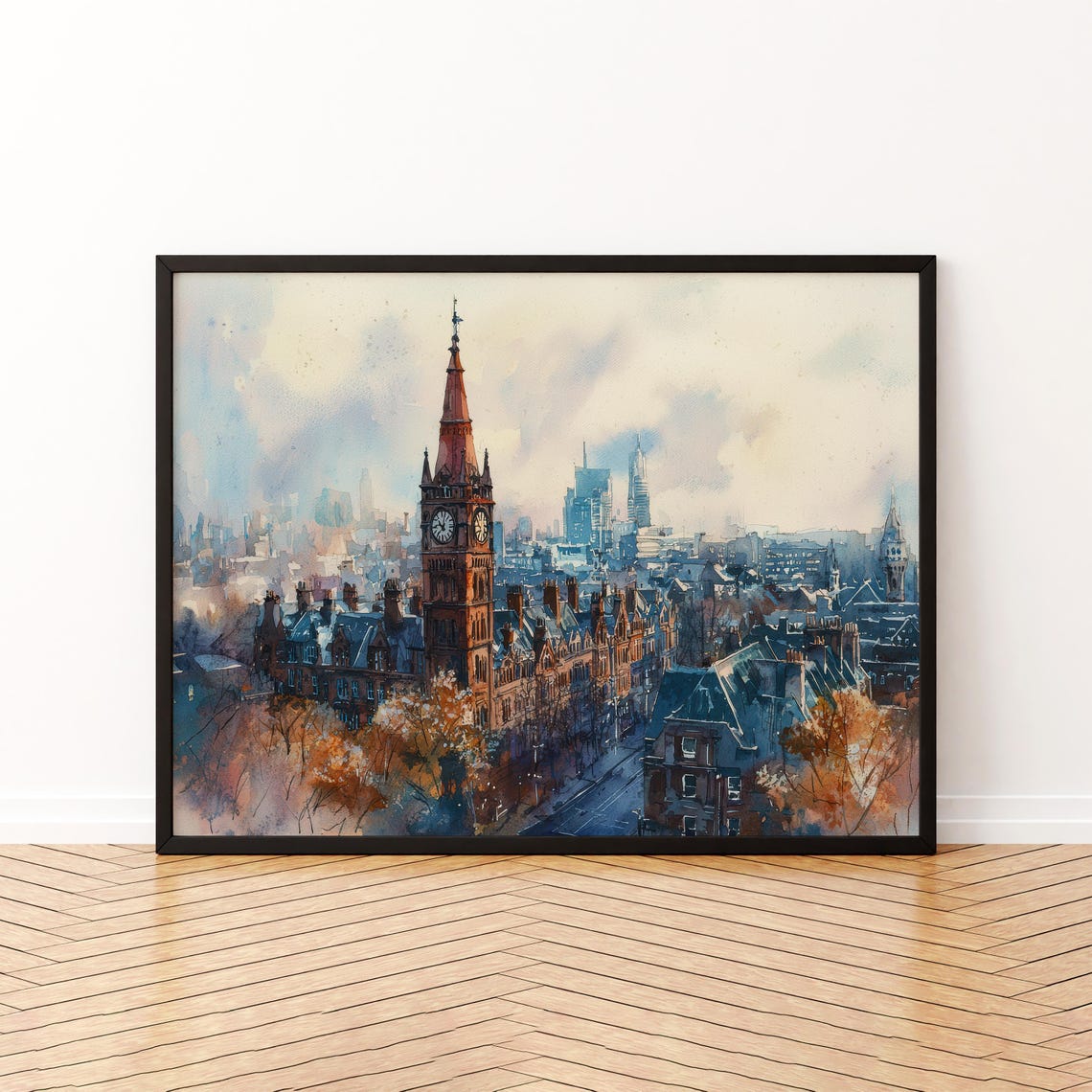 Manchester Town Hall Clock Tower Watercolor Cityscape Poster