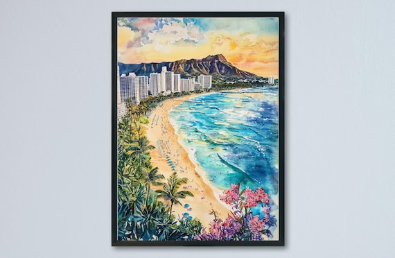 Honolulu Waikiki Beach Diamond Head Volcano Golden Sunset Watercolor Poster