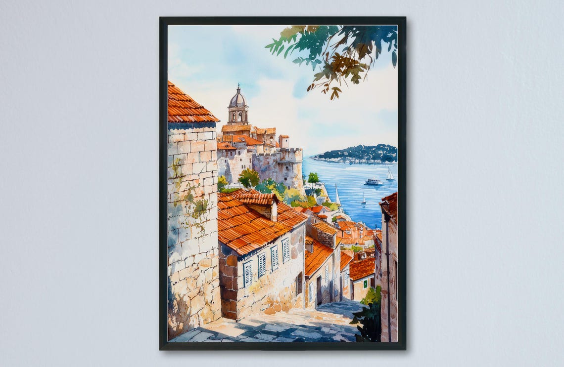 Sibenik Old Town Cathedral Fortress Seaside View Watercolor Poster