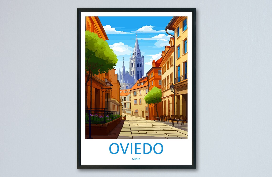 Oviedo Spain Travel Poster Cathedral Spire Cobbled Street Old Town Art