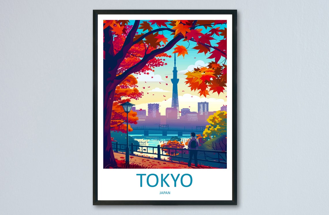 Tokyo Japan Autumn Travel Poster with Skytree and Maple Leaves