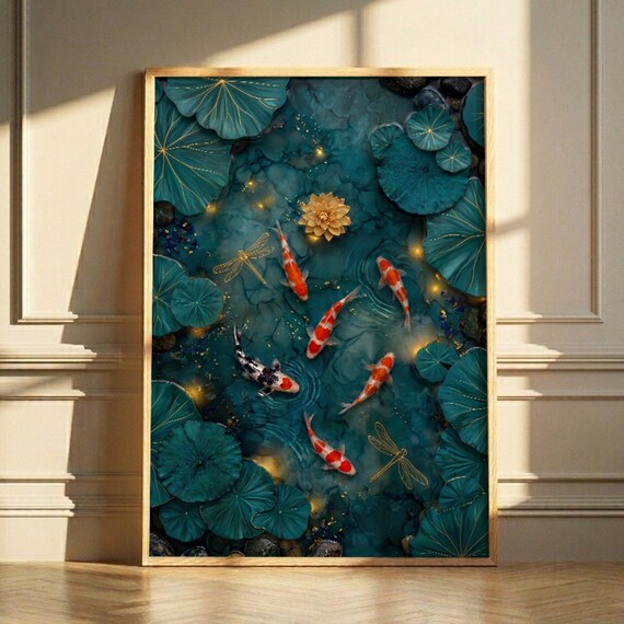 Japanese Koi Fish Pond Art Teal Lotus Leaf Print Zen Biophilic Poster