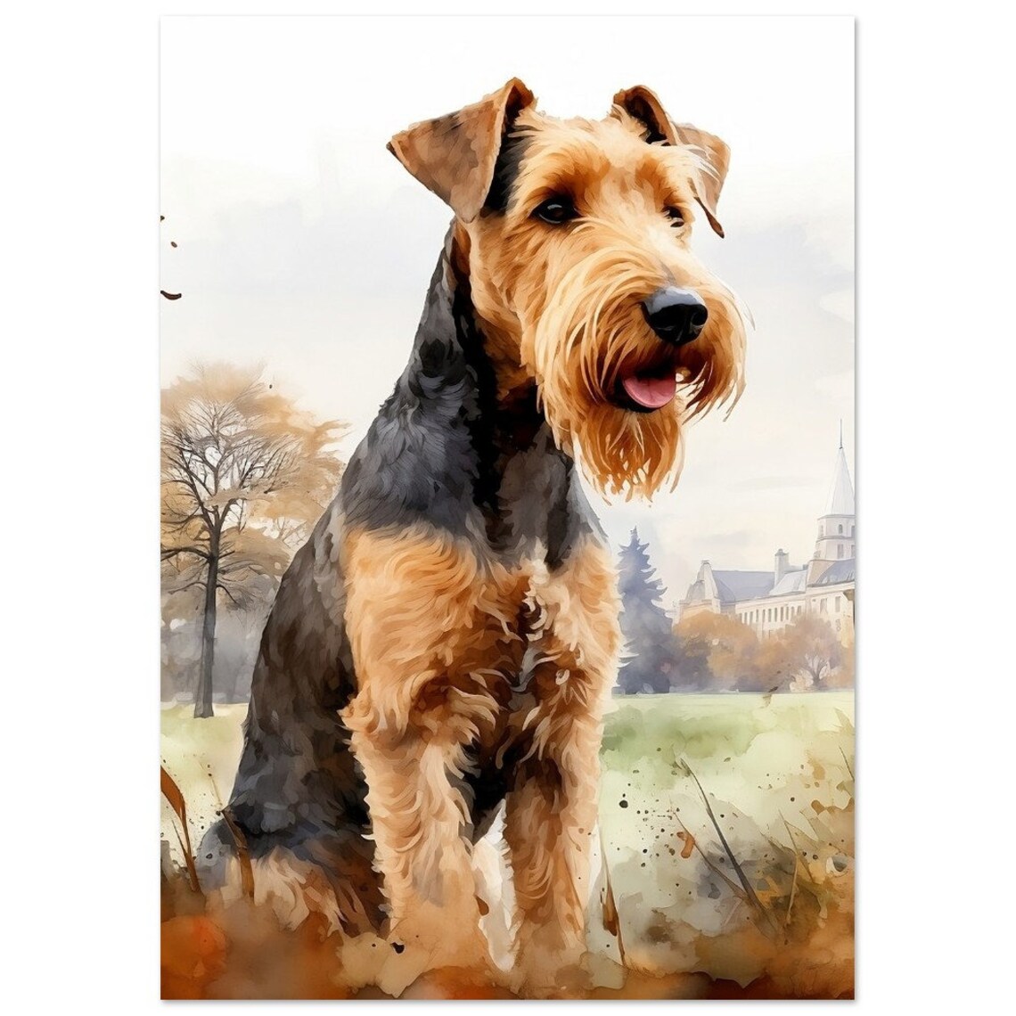 Welsh Terrier Sitting Park Watercolour Painting Dog Portrait Poster