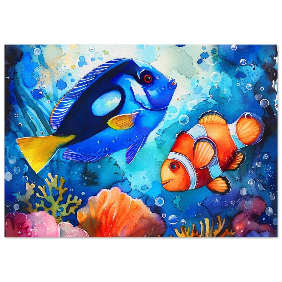 Blue Tang And Clownfish Underwater Watercolour Coral Reef Poster