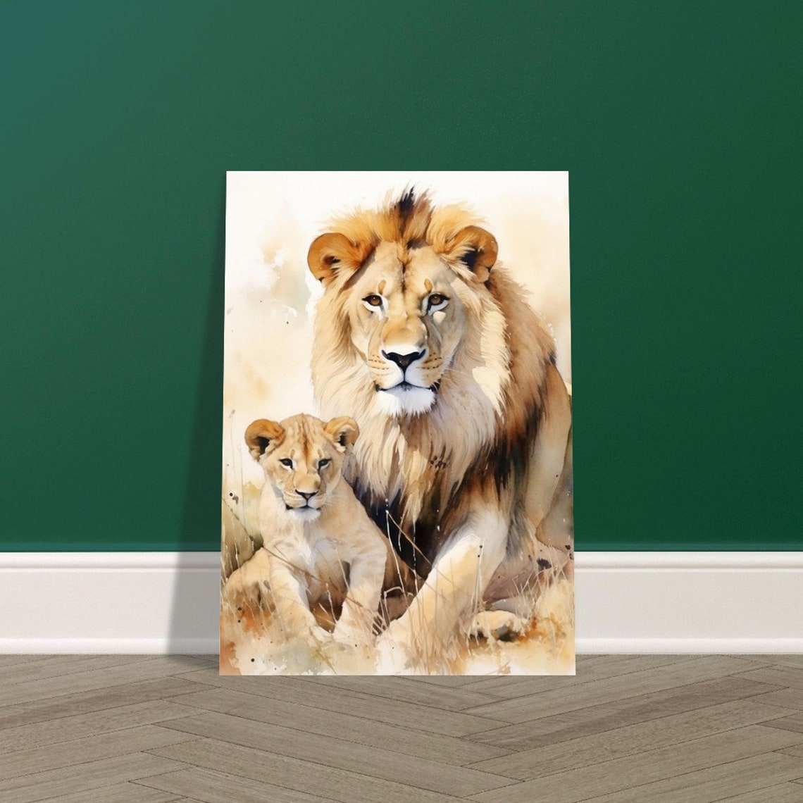 Lion And Cub Resting In Grass Watercolour Wildlife Family Poster - Image 4