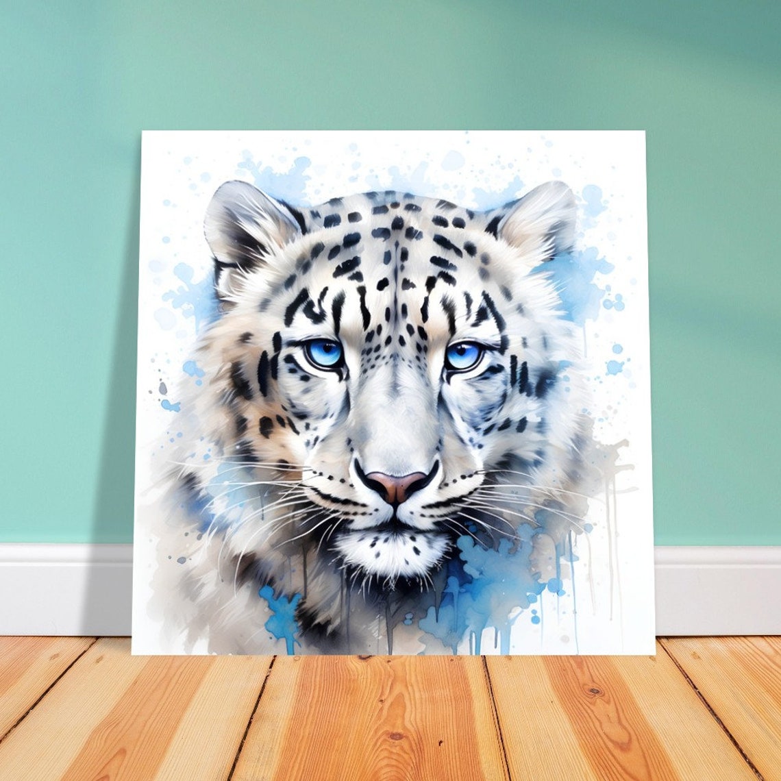 Snow Leopard Portrait With Striking Blue Eyes Watercolour Poster - Image 2