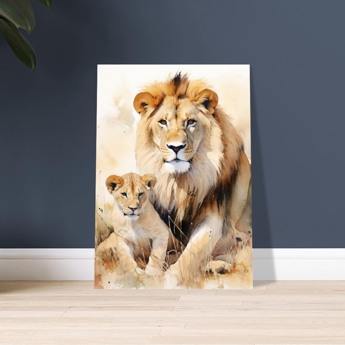 Lion And Cub Resting In Grass Watercolour Wildlife Family Poster - Image 2