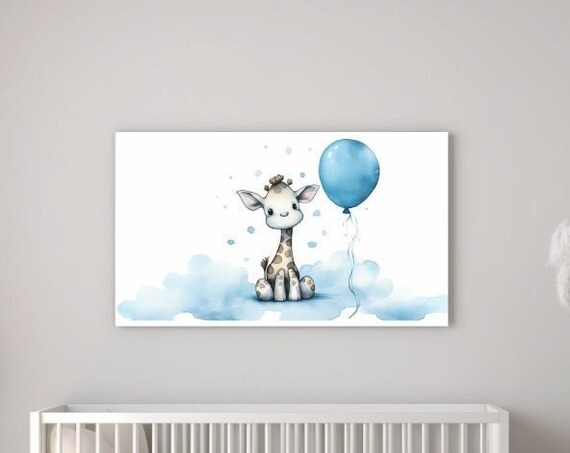 Baby Giraffe Holding Blue Balloon Watercolor Nursery Wall Art