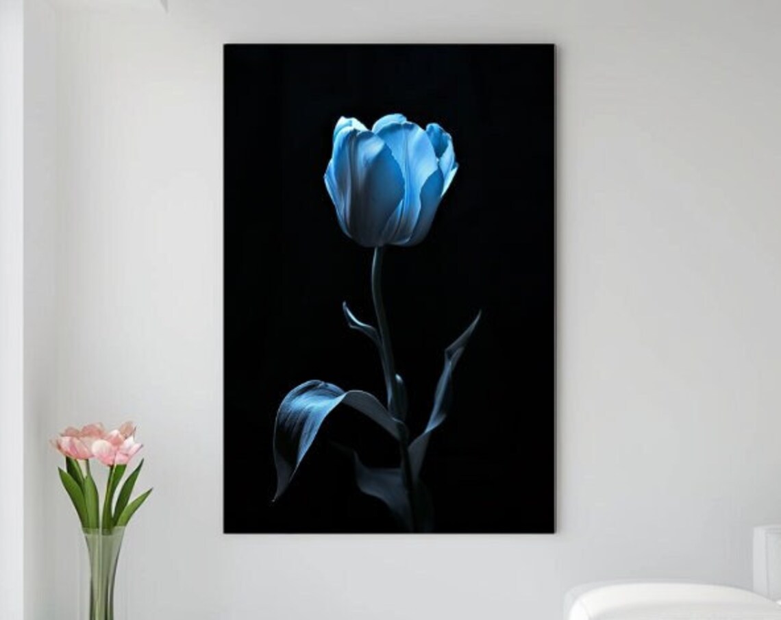 Single Blue Tulip On Black Background Minimalist Floral Wall Art