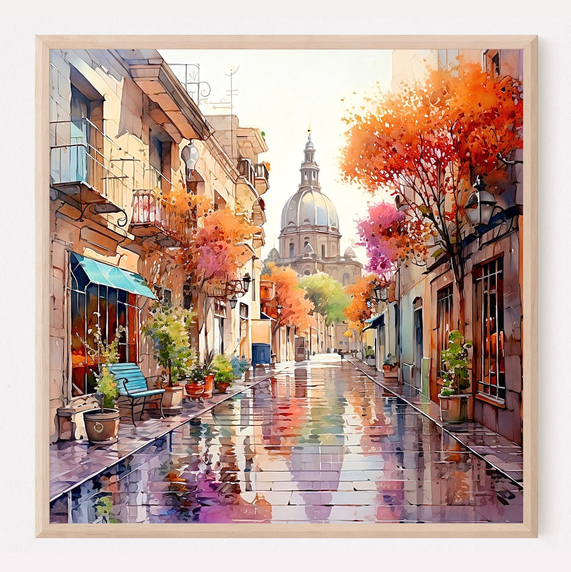 Madrid Spain Autumn Street Watercolor Rainy Boulevard Scene Poster
