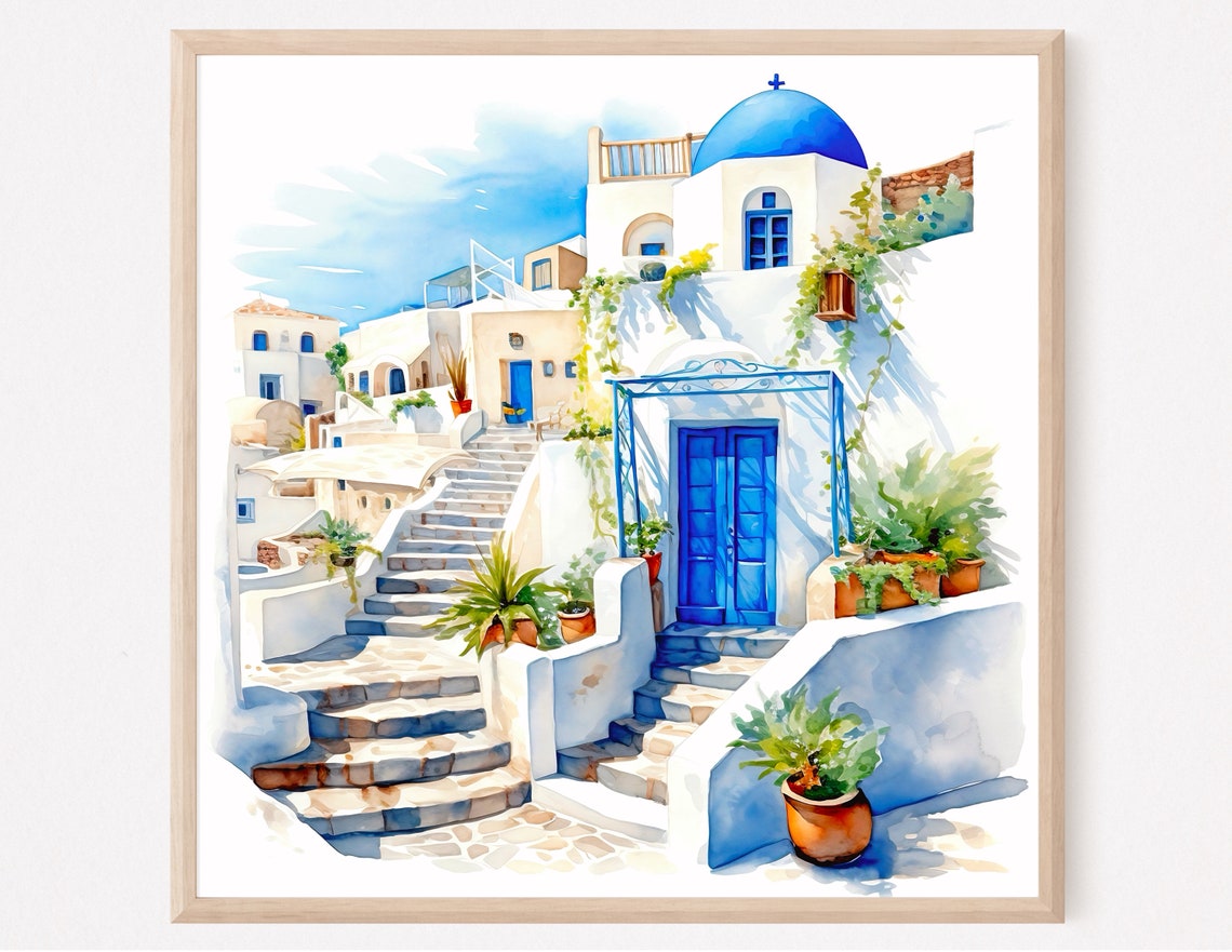 Santorini Blue Dome Whitewashed Village Steps Watercolor Greece Poster