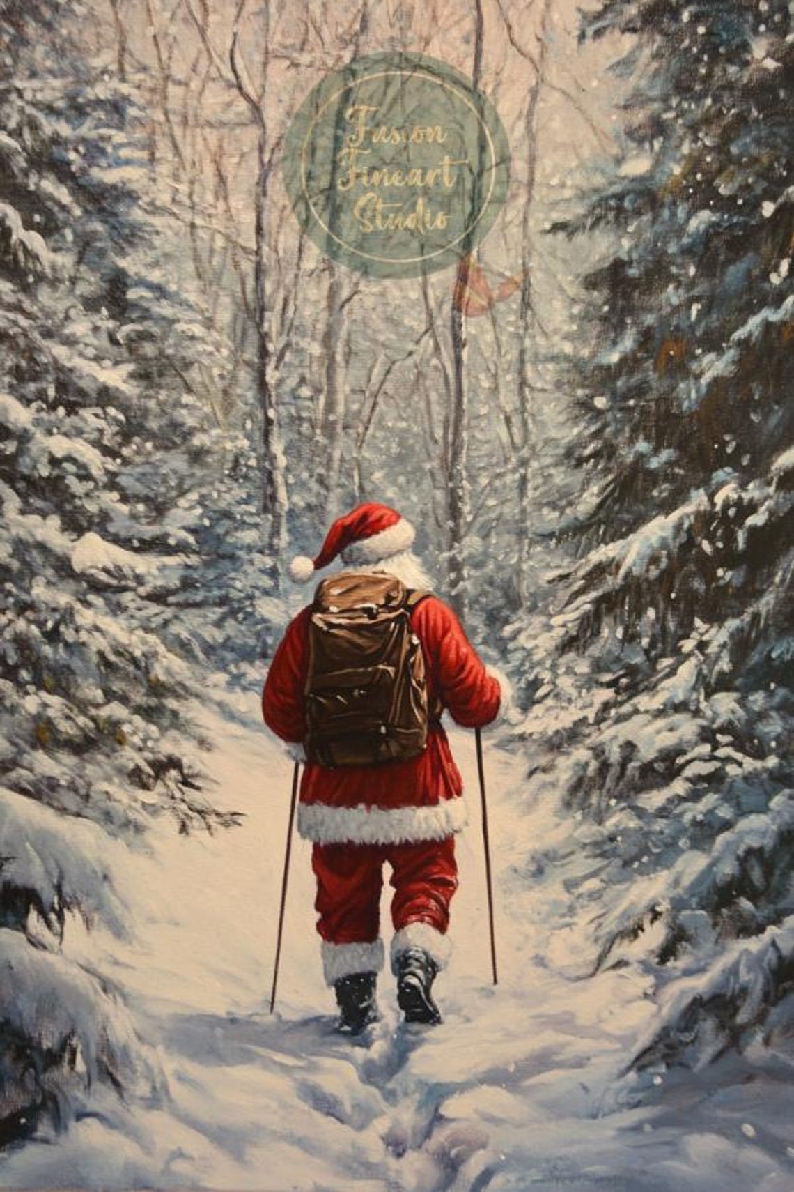 Santa Claus Hiking Through Snowy Forest with Backpack Christmas Poster - Image 3