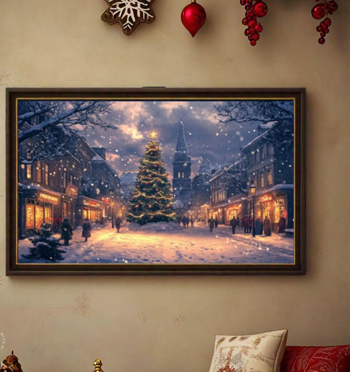 Snowy European Street Lit Christmas Tree Church Spire Dusk Poster - Image 2