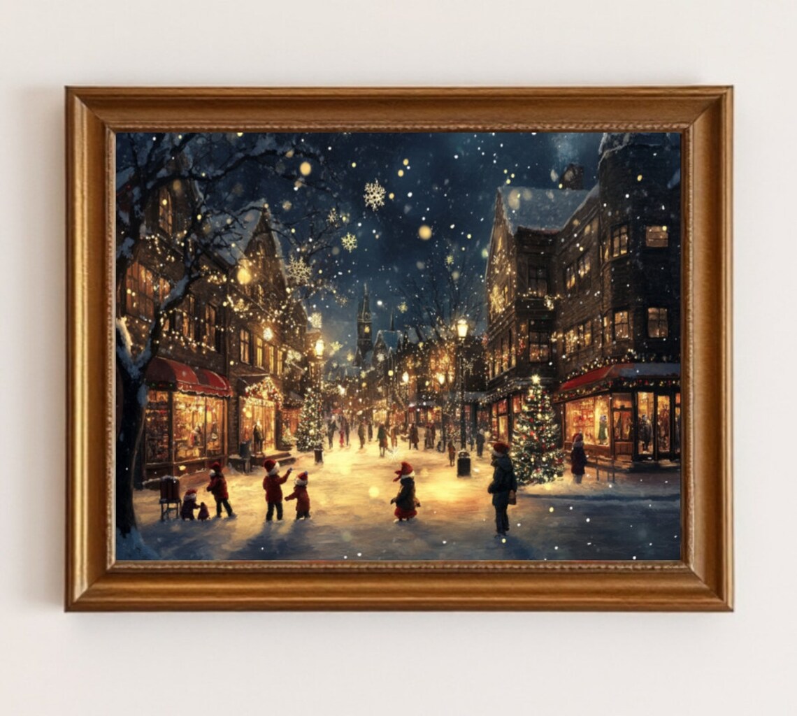 Christmas Village Winter Art Print, Dark Academia Style