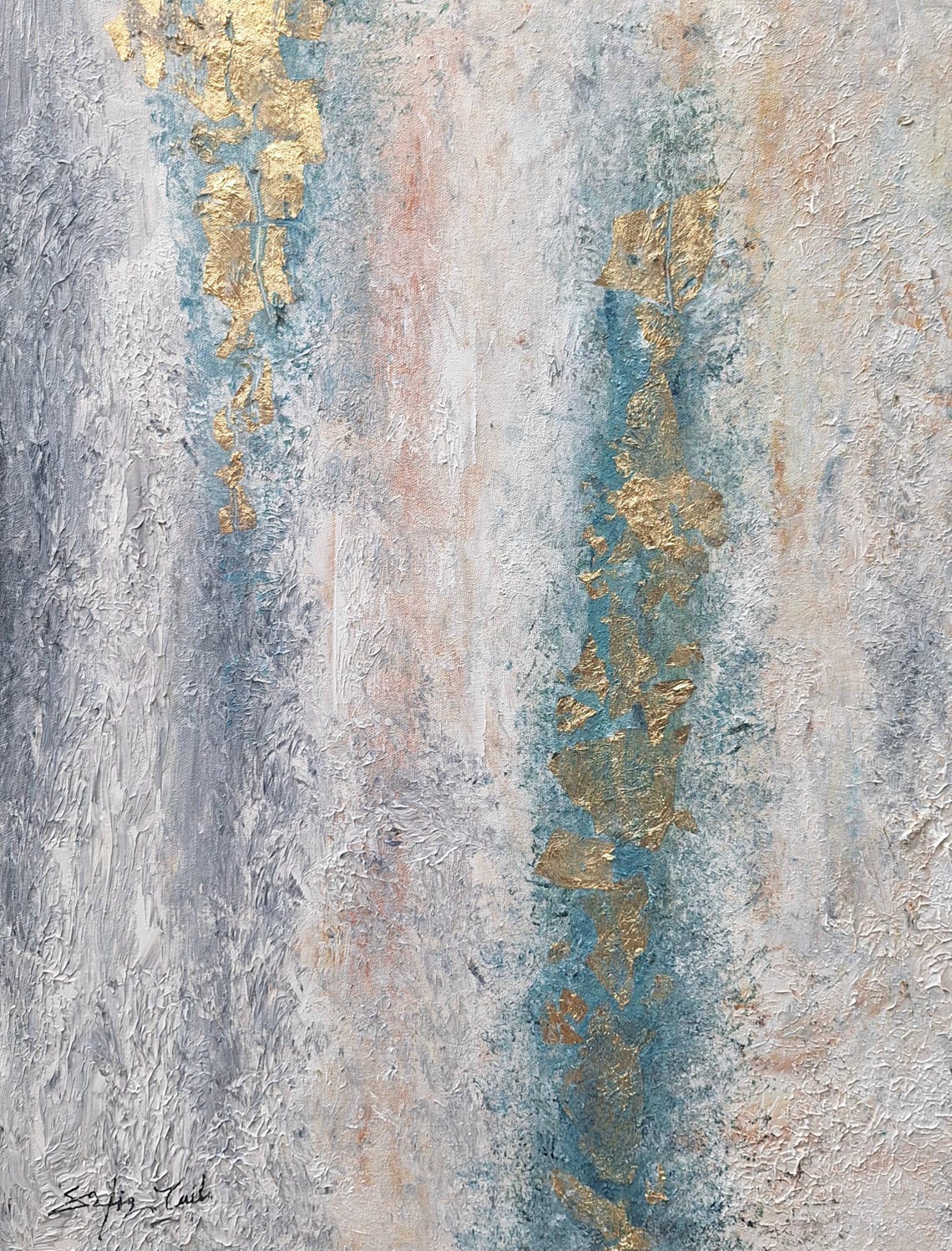 Gray Blue Gold Abstract Columns Modern Textured Original Poster - Image 2
