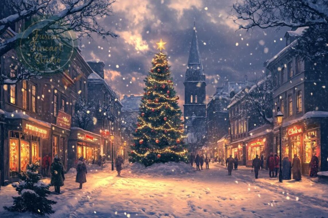 Snowy European Street Lit Christmas Tree Church Spire Dusk Poster - Image 3